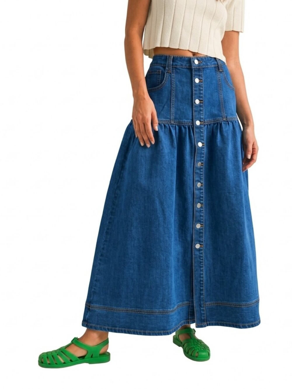 Miou Muse | Button Front Bohemian Denim Maxi Skirt Size M
